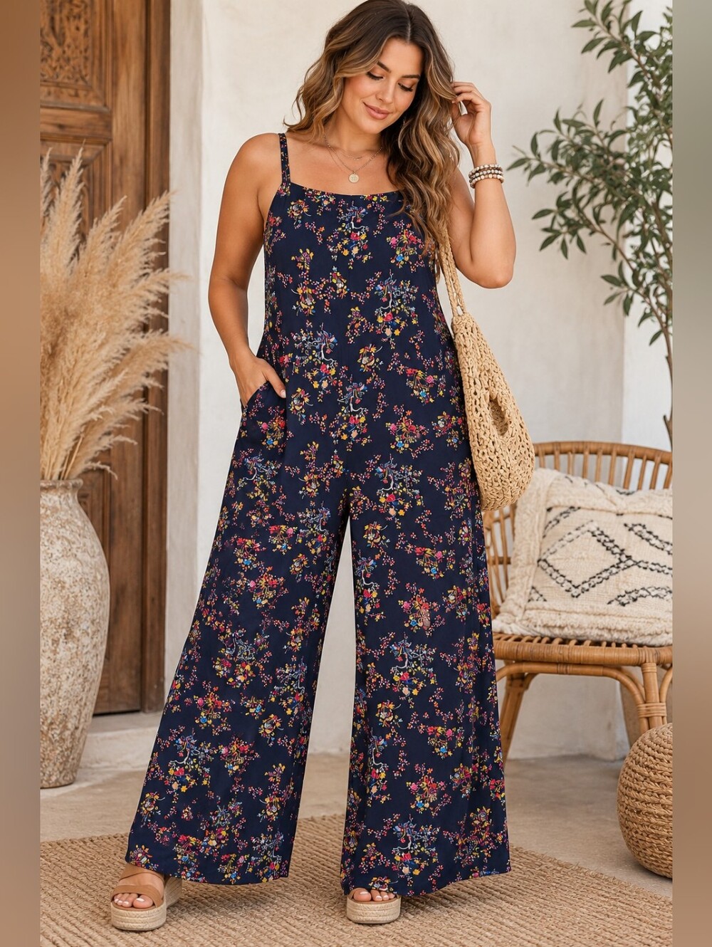 Women’s XL Navy Floral Wide Leg Jumpsuit Adjustable Straps Boho Romper